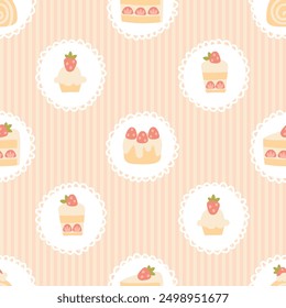 Preppy sweet strawberry desserts frame seamless pattern on striped background. Vector cute cartoon hand drawn vintage illustration. textile printing, baby clothes, wallpaper, packaging, scrubbing