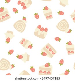 Preppy sweet various desserts with strawberries seamless pattern. Vector cute cartoon hand drawn vintage illustration. Ideal for textile printing, baby clothes, wallpaper, packaging, scrubbing