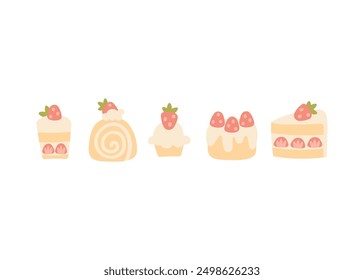 Preppy sweet various desserts with strawberries collection. Vector set of cute cartoon hand drawn vintage illustration. Ideal for textile printing, baby clothes, wallpaper, packaging, scrubbing