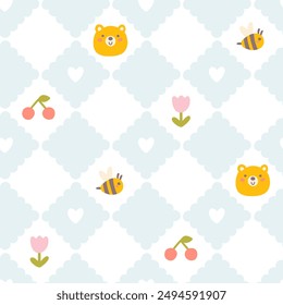 Preppy teddy bear lace geometric seamless pattern in rhombus with hearts. Vector cute cartoon hand drawn vintage illustration. Ideal for textile printing, baby clothes, wallpaper, packaging, scrubbing