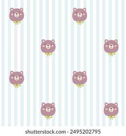 Preppy teddy bear seamless pattern on vertically striped background. Vector cute cartoon hand drawn illustration. for textile printing, baby clothes, wallpaper, packaging, notebooks, scrapbooking