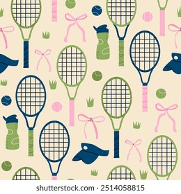 Preppy tennis seamless pattern. Coquette serve repeat background. Elegant sport vector continuous surface design.