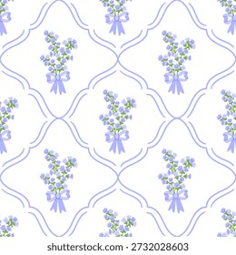 Preppy trellis seamless pattern with bellflowers bouquet and purple bowknot. Floral elegance damask background. Gentle delicate plant, blooming wildflowers. Spring or summer season