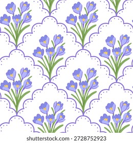 Preppy treliça padrão sem emenda com crocuses sativus bouquet de flores. Fundo de elegância floral. Linda planta frágil, flores silvestres florescentes. primavera ou verão