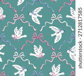 Preppy vector seamless pattern. Birds and bows on mint green background. Coquette animal repeat print design fo fabric, wallpaper or wrapping paper.