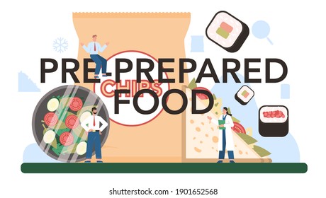 Pre-prepared food production typographic header. Frozen intermidiate goods or ingredients for home cooking. Frozen roastbeef and pizza, caned soup and packed salad. Isolated flat vector illustration