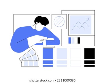 Pre-press printing abstract concept vector illustration. Publishing house employee deals with prepress printing, magazines and newspaper manufacturing, polygraphy sector abstract metaphor.