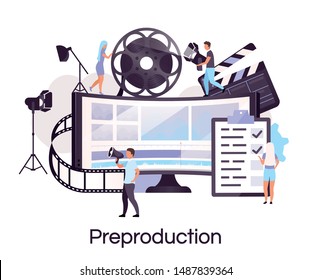 Preproduction flat concept icon. Videography and filmmaking sticker, clipart. Director, producer and cameraman crew. Video and movie production Isolated cartoon illustration on white background