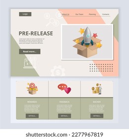 Pre-release flat landing page website template. Rewards, feedback, backer. Web banner with header, content and footer. Vector illustration.