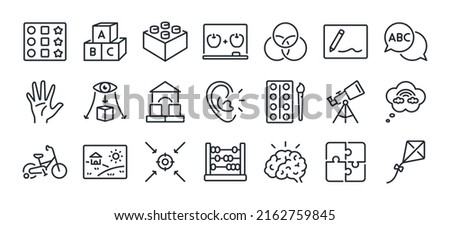 Preschool abilities and child development related editable stroke outline icons set isolated on white background flat vector illustration. Pixel perfect. 64 x 64.