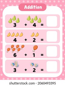 Preschool addition math worksheet template illustration