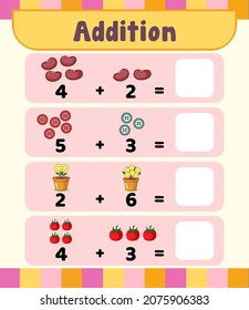 Preschool addition math worksheet template illustration