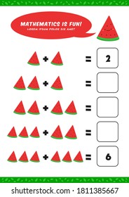 preschool addition mathematics learn worksheet activity template with cute watermelon illustration for child kids