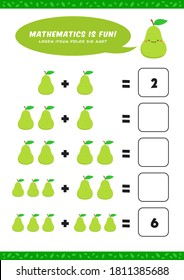 preschool addition mathematics learn worksheet activity template with cute avocado pear illustration for child kids