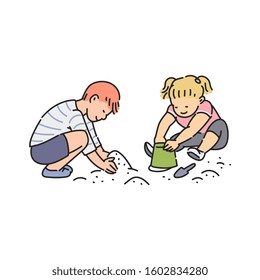 Preschool age children cartoon characters playing with sand in sandbox, sketch vector illustration isolated on white background. Kids playground outdoors activity.