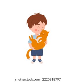 Preschool age kid embracing and petting his cat, flat cartoon vector illustration isolated on white background. Smiling happy boy with adorable ginger kitten.