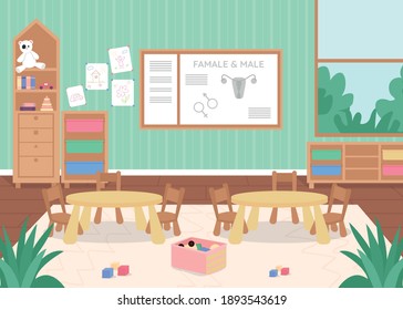 Preschool Biology Class Flat Color Vector Illustration. Lesson On Anatomy For Kindergarten Children. Desk, Chair For Kids. Primary Grade Classroom 2D Cartoon Interior With Board On Wall On Background