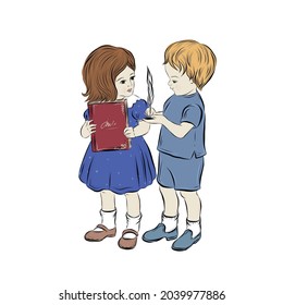 Preschool boy and girl are holding a book and a pen. Singers. 