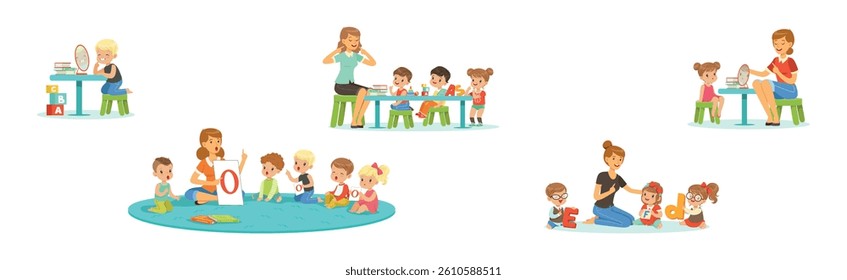 Preschool Boy and Girl Sitting on the Floor with Alphabet Letter Vector Set