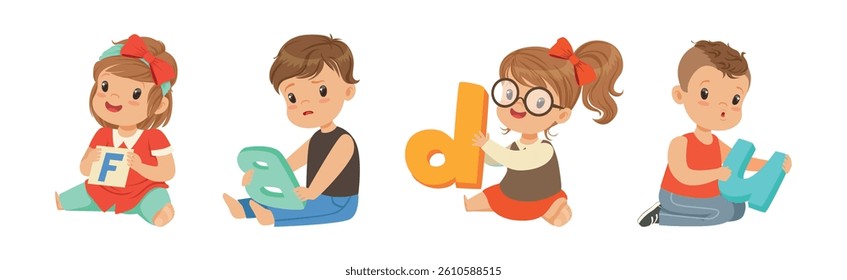 Preschool Boy and Girl Sitting on the Floor with Alphabet Letter Vector Set