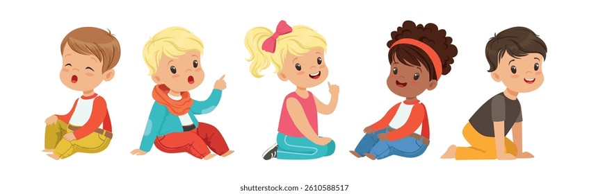 Preschool Boy and Girl Sitting on the Floor Vector Set