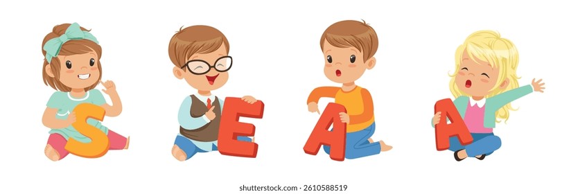 Preschool Boy and Girl Sitting on the Floor with Big Alphabet Letter Vector Set
