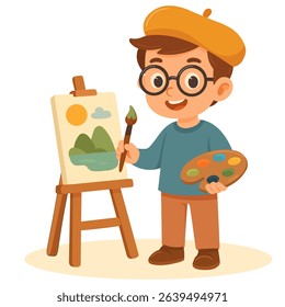 preschool boy in glasses with brush and paints on palette draws on easel, flat style
