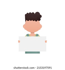 Preschool boy holding a blank banner. Isolated. Cartoon style. Vector illustration