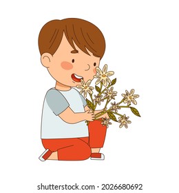Preschool Boy Holding Flower Smelling Aroma and Fragrance Vector Illustration