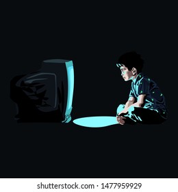 Preschool Boy Kid Is Sitting On The Floor At Night And Watching Tv. Child Leisureю Vector Illustration Isolated On White Background.