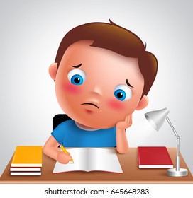 Preschool boy kid vector character bored studying school homework in desk with adorable sad face and unhappy look while writing. Vector illustration.
