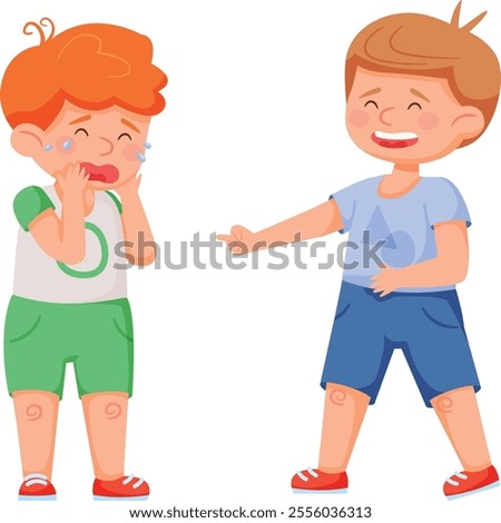Preschool boy laughing and pointing at another boy covering his face in tears, highlighting conflict, mockery, and negative emotions in a school setting