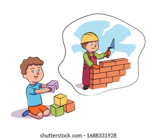 Preschool boy playing with blocks on floor dreaming become builder. Cute child in playroom. Dream about future profession. Aspiration being constructor. Vector illustration
