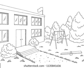 Preschool building exterior graphic black white sketch illustration vector