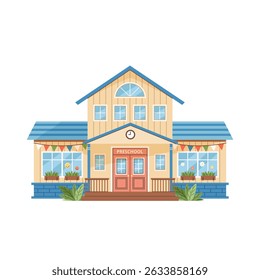 Preschool building icon in flat style. Modern exterior. Isolated clip art on white background for education themes or Back to School concept. Front view. Kindergarten, early learning center. Vector.