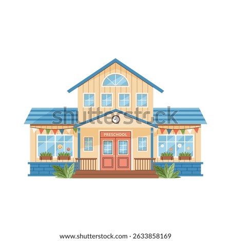 Preschool building icon in flat style. Modern exterior. Isolated clip art on white background for education themes or Back to School concept. Front view. Kindergarten, early learning center. Vector.