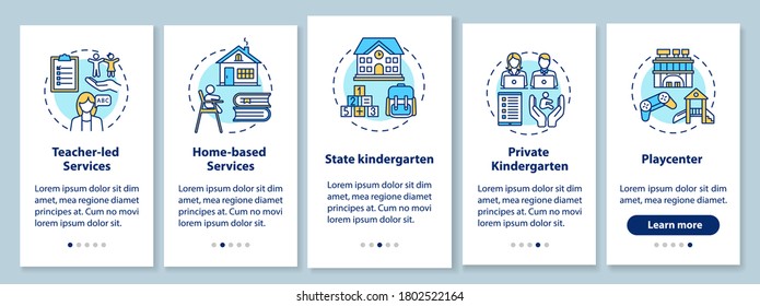 Preschool center types onboarding mobile app page screen with concepts. Playcenter. Private kindergarten. Walkthrough 5 steps graphic instructions. UI vector template with RGB color illustrations