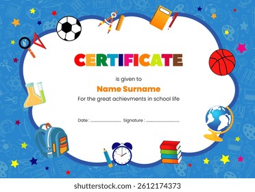 Preschool certificate template design for elementary school or kindergarten children diploma. Vector illustration of school supplies tools on blue background