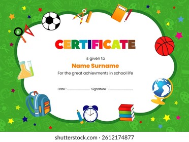 Preschool certificate template design for elementary school or kindergarten children diploma. Vector illustration of school supplies tools on green background
