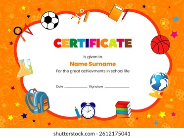 Preschool certificate template design for elementary school or kindergarten children diploma. Vector illustration of school supplies tools on orange background