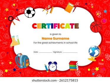 Preschool certificate template design for elementary school or kindergarten children diploma. Vector illustration of school supplies tools on red background