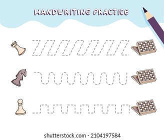 Preschool chess worksheet for practicing fine motor skills, tracing lines. Educational kids game. Funny handdrawn board game. Vector illustration
