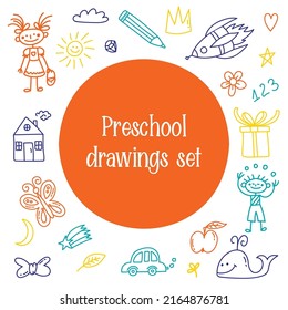 Preschool childlike drawings vector set