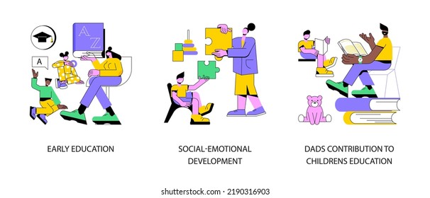 Pre-school children abstract concept vector illustration set. Early education, social-emotional development, dads contribution to childrens education, toddler creative skill, abstract metaphor.