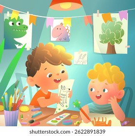 Preschool Children Boys Draw, Make Art and Craft in Classroom or at Home. Creative activity for kids with art, craft and painting projects. Vector colorful kindergarten cartoon illustration