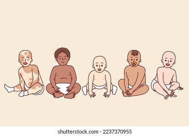 Preschool children of different races and nationalities sit side by side and look at screen. Diverse babies in diapers to advertise products for kids and young mothers. Flat vector illustration