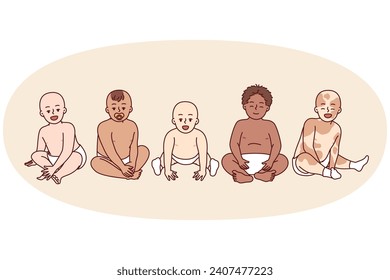 Preschool children of different races and nationalities sit side by side and look at screen. Diverse babies in diapers to advertise products for kids and young mothers. Flat vector illustration