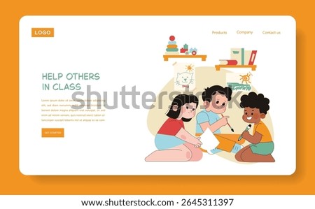 Preschool children engaging in collaborative learning, showcasing teamwork and creativity. They work together on art projects, promoting social skills in a supportive classroom environment. Vector