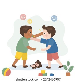 Preschool children fight over a toy. Sad kids didn't share teddy bear. Fight, children beat each other with fists. Bad behavior. Cartoon multi ethnic kid boys. Flat vector illustration