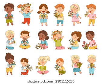 Preschool Children with Flower Bouquet and Wreath Smelling Aroma and Fragrance Big Vector Set